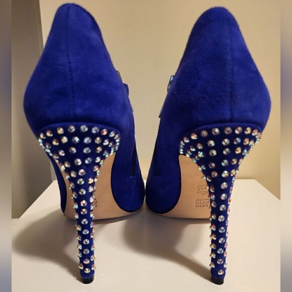 Showstoppers! Saks Fifth Avenue Blue Suede Swarovski Crystal Heel Booties Sz.9 - Picture 3 of 6